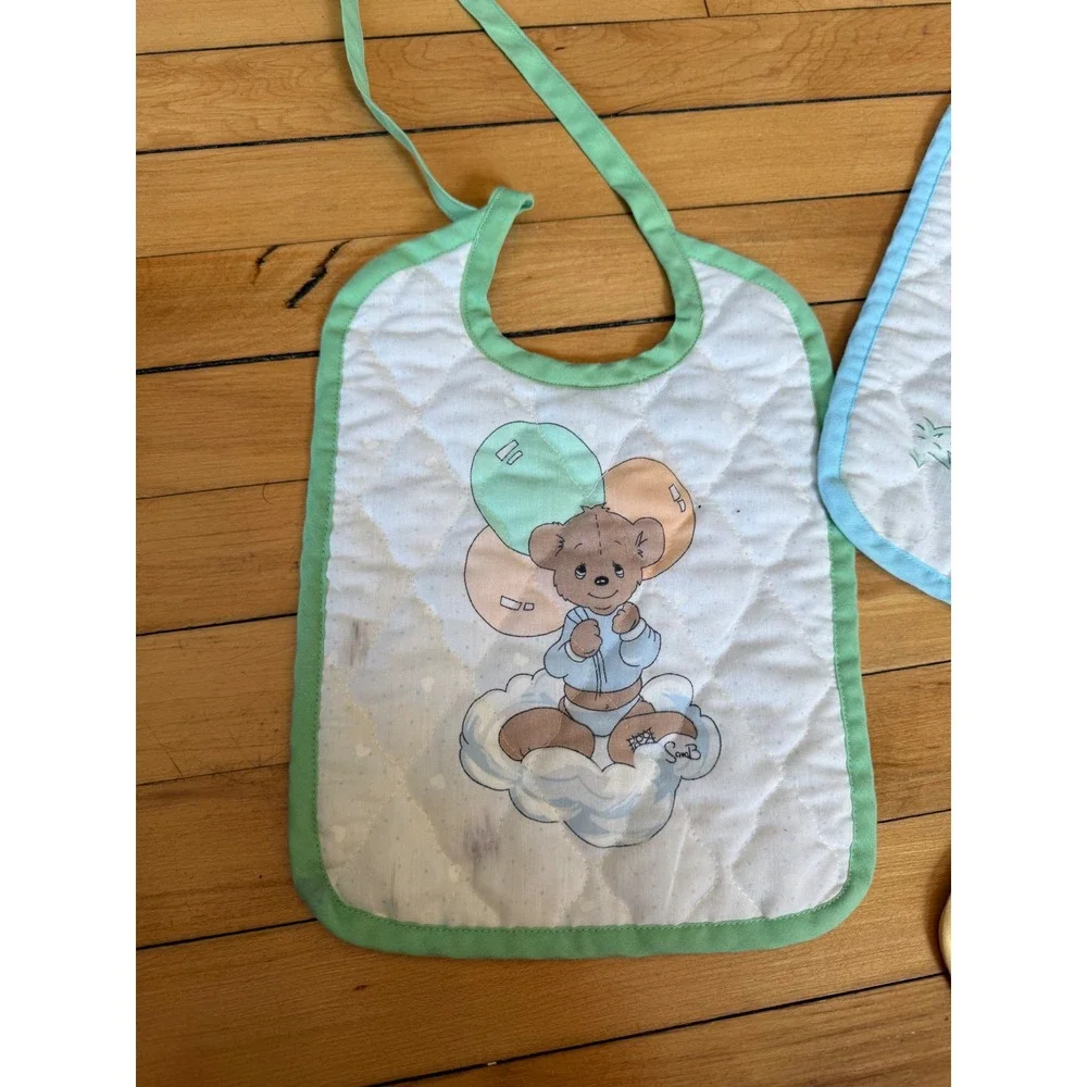 Vintage Precious Moments Quilted Baby Bibs Set of 3 Bunny Bear Cow Pastel Tie